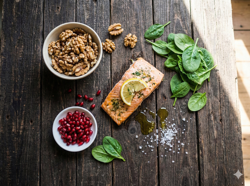 Zdrowe produkty: orzechy, granat, ryby bogate w kwasy Omega-3